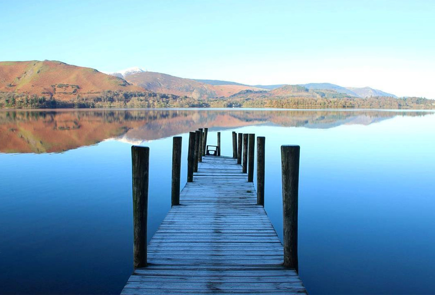 Ashness Jetty on Derwentwater with blue sky and the mountains reflected in the lake during winter
